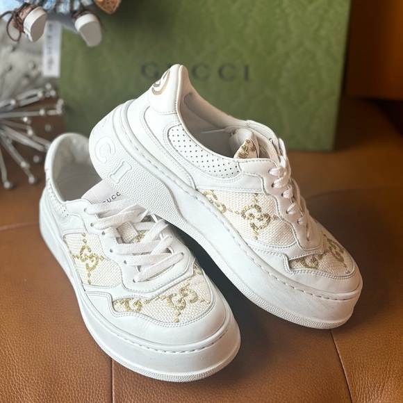 Gucci White Sneakers with Gold Accents - Picture 1 of 1